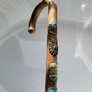 Vintage Souvenir Walking Cane with Travel Badges | Hand-Carved Wooden Stick